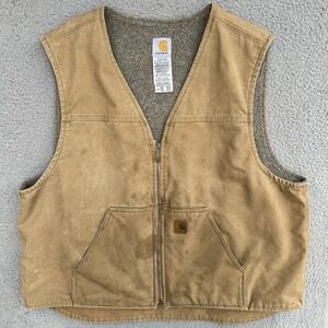 Carhartt Canvas‎ Vest Mens 2XL Tan Brown Sherpa Lined Full Zip Work Wear V26-CML